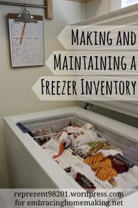 a freezer with food in it sitting on top of a counter next to a sign that says making and maintaining a freezer inventory