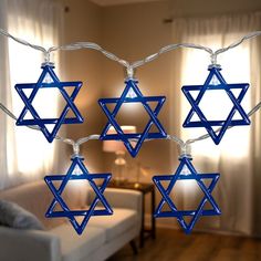 blue star of david string lights in the living room