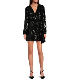 From WAYF&#x2C; this dress features:Sequin fabricationV-necklineLong sleevesFaux wrap with tie detailLinedBack zipper closureApprox. 33.25" lengthPolyesterHand washImported. Holiday Party Inspiration, Contemporary Dresses, Wrap Mini Dress, Mini Wrap Dress, Dillard's, Wedding Party Dresses, Holiday Fashion, Cocktail Dress Party, Dresses For Women