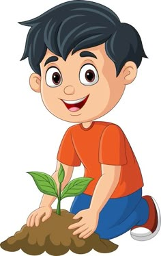 a boy kneeling down and holding a plant in the dirt with his hands on it