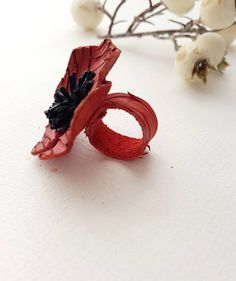 Statement Poppy Flower Ring Eccentric Leather Jewelry Summer - Etsy Red Leather Jewelry For Gift, Red Leather Jewelry For Gifts, Poppy Ring, Bold Boho, Upcycled Leather, Jewelry Summer, Modern Accessories, Leather Pieces, Leather Fringe