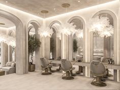 the interior of a salon with chairs and chandeliers