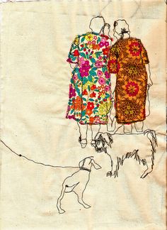 an image of two people and a dog on a piece of paper that has been embroidered onto it