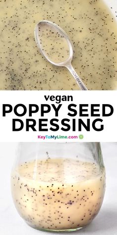 a jar filled with poppy seed dressing next to a spoon