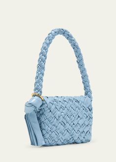 "Find BOTTEGA VENETA Kalimero Citta Bag on Editorialist. The Bottega Veneta Kalimero Citta crossbody bag is crafted from woven leather. It features a knot accent shoulder strap, a flap top with a magnetic closure, and an approximate dimension of 7\"H x 9.8\"W x 2.2\"D. This bag is made in Italy." Black And Brass, Bergdorf Goodman, Magnetic Closure, Bottega Veneta, Top Designers, Knot, Crossbody Bag, Tops Designs, Shoulder Strap