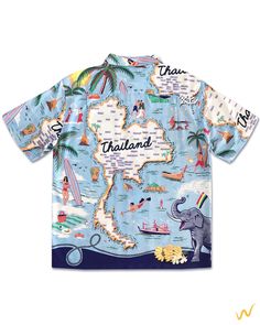 Hawaii Shirt showcasing iconic landmarks across Thailand, perfect for summer travel. The back of the shirt features a detailed map of Thailand, highlighting various provinces. Made from high-quality Rayon fabric with meticulous craftsmanship, this shirt is designed to spread joy during the Songkran festival "Authentic Natural Rayon Hawaiian Shirt - Exclusive for Etsy's Worldwide Wanderers" Authentic Button Size Fits Regular Models Exquisitely Chain Stitched by World-Class Craftsmen of Thailand Made in Thailand Size : XS, S, M, L, XL,2XL (After Laundry)   inch   XS : Shoulder 16" // Chest 19" // Length 26" S : Shoulder 17" // Chest 20" // Length 26.5" M : Shoulder 18" // Chest 21" // Length 27.5" L : Shoulder 19" // Chest 22" // Length 28.5" XL : Shoulder 20" // Chest 24" // Length 29.5" 2X Summer Travel Cotton Shirt, Summer Travel Cotton Tops, Summer Cotton Top For Travel, Short Sleeve T-shirt For Summer Travel, Summer Travel Tops With Graphic Print, Summer Travel Cotton T-shirt, Cotton T-shirt For Travel In Summer, Cotton T-shirt For Summer Travel, Casual Short Sleeve Travel Tops