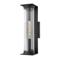 an outdoor wall light with a clear glass cylinder on the front and back side,