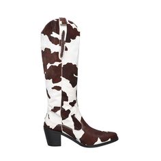 These fabulous cow print cowgirl boots are perfect for making a statement! With their knee-high design and block heel. they'll add a touch of sass to any outfit. And they're super comfortable too. thanks to the soft brown horsefur material. Whether you're hitting the town or just kicking back on the ranch. these stylish boots are sure to turn heads. Upper: Horse Fur Lining: Leather/Short Plush Outsole: Rubber Toe: Pointed Toe Closure: Zip Color: Black and White. Black and Brown Heel: 5.5cm/2.16' Western Style Square Toe Knee-high Boots For Fall, Western Block Heel Knee-high Boots For Fall, Knee-high Boots For Ranch In Winter, Fall Wide Calf Knee-high Boots For Rodeo, Western Mid-calf Boots With Wide Calf And Block Heel, Western Style Wide Calf Mid-calf Boots With Block Heel, Western Wide Calf Knee-high Boots With Square Toe, Trendy Knee-high Boots For Rodeo, Spring Wide Calf Knee-high Boots For Ranch