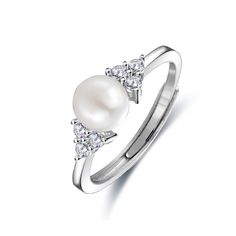 A lustrous pearl is the centre of this gorgeous piece,surrounded by sparkling stones on either side.Exquisite in sterling silver,our personalized ring is the perfect way to express yourself.A beautiful keepsake you'll treasure forever.Stone Size: 6*6 mmStone Type: Jeulia® StoneNumber of Stones: 1 Stone Color: Diamond WhiteStone Shape: RoundMaterial: 925 SilverPlating Color: Silver Pearl Rings With Brilliant Cut, Silver Pearl Open Ring, White Gold Pearl Ring For Anniversary, White Gold Sterling Silver Rings With Pearl Drop, White Pearl Promise Ring With Birthstone, Fine Jewelry Silver Pearl Ring, Diamond White Pearl Ring With Diamond Accents For Promise, Elegant Silver Pearl Drop Rings, Elegant Silver Rings With Pearl Drop