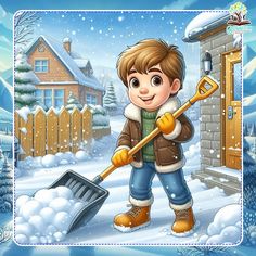 a boy is shoveling snow in front of a house and holding a large shovel