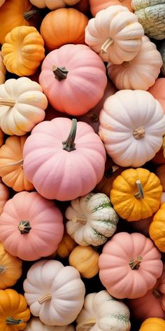 many different colored pumpkins are stacked together