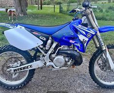 a blue and white dirt bike parked on the side of a road next to a dog