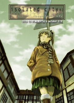 an anime character holding a sign in front of some buildings with clouds behind her and the caption that reads, polarized city