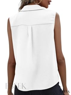 Ebeek - Sleeveless Lapel Pocket Blouse: Stylish and Comfortable Womens Buttoned Vest for Effortless Summer Fashion Sleeveless Office Vest Top, White Sleeveless Office Top, Casual Sleeveless Top For Office, Versatile White Sleeveless Blouse, White Sleeveless Versatile Blouse, Casual Summer Office Tank Top, Pocket Blouse, Collar Styles, Summer Fashion