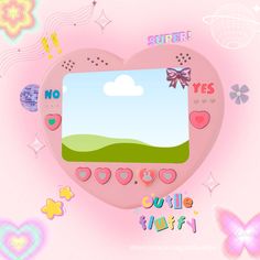 there is a pink heart shaped frame with hearts around it