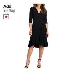 in stock Fitted V-neck Ruffle Dress For Evening, Elegant V-neck Ruffle Dress For Evening, Black Cocktail Midi Dress With Ruffle Hem, Chic Wrap Dress With Ruffle Hem, Elegant Spring Wrap Dress With Ruffle Hem, Black Ruffle Hem Midi Dress For Formal Occasions, Black Midi Dress With Ruffle Hem For Formal Occasions, Flirty Wrap Dress With Ruffles, Flirty Ruffled Wrap Dress