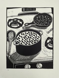 a black and white drawing of food cooking on the stove