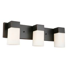 three light bathroom fixture with black finish and frosted glass shades on the bottom half