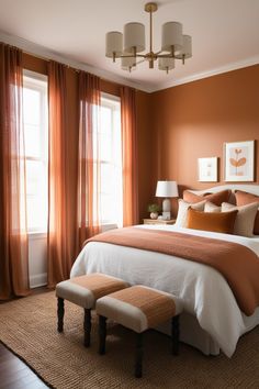 an orange and white bedroom with a large bed, two windows, and ottomans