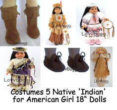 NATIVE AMERICAN COSTUMES AND ACCESSORIES--Items for either boy or girl dolls, made for American Girl 18 inch dolls and their clones. Also fits Bitty Baby and Baby Born but hang longer on them. Look on our website for better descriptions. Here's the list: 1. REAL LEATHER MOCCASINS BOOTS 2. Native American Brown Ceremonial Dress with Dreamcatcher Accessory, 3. Native American Pink Ceremonial Dress with Dreamcatcher Accessory, 4. Native American Purple Ceremonial Dress with Safe Spear Accessory, 5. Indian Boots, Moccasins Boots, Ceremonial Dress, Native American Dress, Planet For Kids, Dream Catcher Native American, Moccasin Boots, Leather Moccasins, Bitty Baby