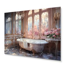 a bath tub sitting in front of a window next to a table with flowers on it