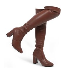 PRICES MAY VARY. MEASUREMENT (tested on size 6 Medium Calf): Heel height - 3.15"; Shaft Height (without heel)- 18.39"; Top Opening Circumference: 14.29". These fitted boots made with soft and stretchy premium quality PU will magically give the lengthening look to your legs. With classic pointy-toe and high-heel height block heels, these thigh-high boots help to show off your fashionista. The rubber outsole is durable, providing a sure footing while keeping stylish. 100% VEGAN MATERIAL: No animal Winter Heeled Boots With 4-inch Heel And Medium Width, Fall Heeled Boots With 4-inch Square Toe, Fitted High Heel Faux Leather Boots, Fitted High Heel Boots In Faux Leather, Faux Leather High Heeled Boots, Fall Fitted Faux Leather Knee-high Boots, Winter Fitted Knee-high Boots With Reinforced Heel, Fitted Winter Knee-high Boots With Reinforced Heel, Trendy Fitted Heeled Boots With 4-inch Heel