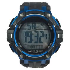 This George men's adult sized sporty digital watch with black design and blue accents is perfect for your outdoor activities with water resistancy up to 50 meters / 165 feet. It features a stop watch, a daily alarm, and a back light for easy reading in the dark. The overall length is 9.69 inches long x 1.81 inches wide x .55 inches high. Gender: male. Functional Black Digital Watch For Outdoor Activities, Blue Chronograph Watch For Outdoor Activities, Blue Watch With Stopwatch For Outdoor Activities, Black Casual Digital Watch For Outdoor Activities, Blue Chronograph Watches For Outdoor Activities, Casual Digital Watch With Analog Display For Sports, Sporty Analog Display Watches For Outdoor Activities, Blue Watch With 10atm Water Resistance For Outdoor Activities, Casual Digital Watch With Chronograph For Outdoor Activities