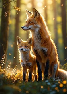 two red foxes standing in the woods with their heads turned to look like they are looking at something