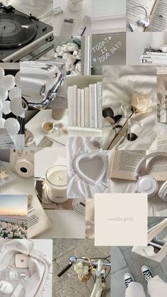 a collage of photos with white objects