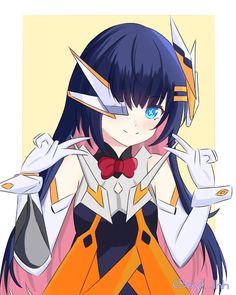 an anime character with blue eyes and long black hair, wearing orange and white clothes