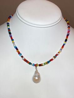 Freshwater Pearl African Seed Beads Necklace is 15 inches with a 2.5 extender If another length is needed, please message me Pearl Necklace Colorful, Bead Pearl Necklace, Yellow Flower Necklace, Big Pearl Necklace, Large Pearl Necklace, Seed Beads Necklace, Holiday Necklace, Y2k Necklace, Necklace Colorful