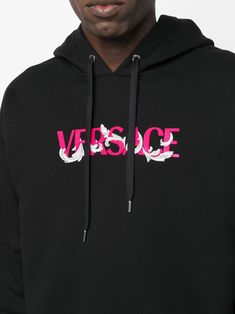 Versace logo-embroidered Drawstring Hoodie - Farfetch Versace Sweater, Versace Sweatshirt, Versace Logo, Men Sweatshirt, Printed Drawstring, Versace Men, Drawstring Hoodie, Cotton Hoodie, Casual Wardrobe