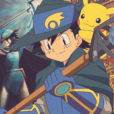 pokemon and pikachu in front of an image of the same person holding a baseball bat