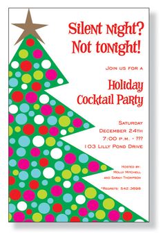 a holiday cocktail party flyer with a christmas tree on the front and bottom, which reads silent night not tonight