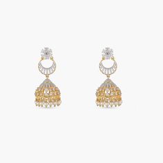 Surabhi Nakshatra CZ Jhumki Earrings Elegant White Earrings For Navratri, Festive Pearl Drop Jhumkas For Reception, Fusion Pearl Drop Jhumkas For Diwali, Fusion Style Pearl Drop Jhumkas For Diwali, Gold Earrings For Eid Reception, Eid Reception Jhumkas With Latkans, Fusion Style Gold Jhumkas With Pearl Drop, Gold Fusion Jhumkas With Pearl Drop, Gold Fusion Style Jhumkas With Pearl Drop