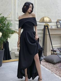 Black Dress For Graduation, Prom Dress High Low, Punk Tactics, Black Dress Aesthetic, High Low Party Dresses, Evening Dress Black, Off Shoulder Evening Dress, Dress High Low, Open Shoulder Dress