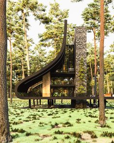 an artistic rendering of a house in the woods with a slide coming out of it