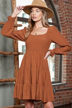 Material:50%Polyester+50%Viscose It features a smocked bodice for a flattering fit. Long sleeves add warmth and versatility. Can be styled with ankle boots and a wide-brim hat for a bohemian look. Size Chart (CM) Sizes Bust Waist Sleeve_Length Length Relax Relax Relax Relax S 68 63 67 87 M 74 69 68 89 L 80 75 69 91 XL 88 83 70 93 Elasticity None Size Chart (INCH) Sizes Bust Waist Sleeve_Length Length Relax Relax Relax Relax S 26.8 24.8 26.4 34.3 M 29.1 27.2 26.8 35.0 L 31.5 29.5 27.2 35.8 XL 34.6 32.7 27.6 36.6 Elasticity None Fall Knee-length Dress With Smocked Bodice, Fitted Fall Dress With Smocked Cuffs, Fitted Smocked Dress For Fall, Casual Smocked Mini Dress With Elastic Sleeves, Fall Smocked Bodice Puff Sleeve Top, Fitted Smocked Top With Ruffles For Fall, Fall Fitted Smocked Top With Ruffles, Fall Puff Sleeve Smocked Top, Fall Smocked Top With Square Neck