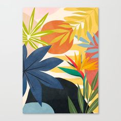 an art print with colorful leaves and plants