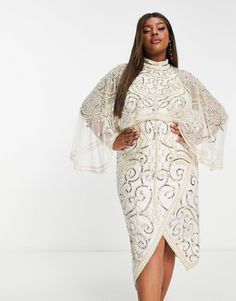 ASOS DESIGN Curve pearl embellished midi dress in white | ASOS Embellished Midi Dress, Evening Outfit, Chiffon Overlay, Beaded Gown, Midi Length Skirts, Asos Curve, Evening Outfits, Mock Neckline, Size 16 Dresses