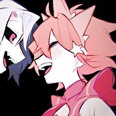 two anime characters one with pink hair and the other white, are facing each other