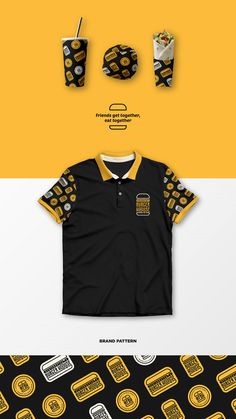 a black and yellow polo shirt with gold lettering on it, next to two matching cups