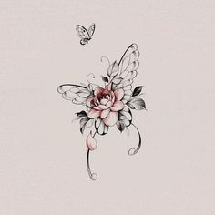 a flower and butterfly tattoo design on the back of a woman's shoulder,