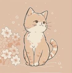 a drawing of a cat sitting in front of flowers