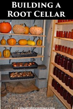 the inside of a building with jars and pumpkins