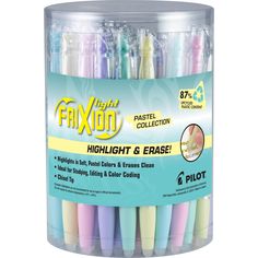 six different colored pens in a plastic container with the words faxon on it