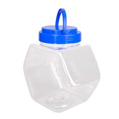 a plastic water bottle with a blue lid and looped handle on the top, isolated against a white background