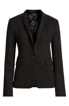 Classic style is easy in this stretch-kissed ponte blazer that's a versatile mainstay for any office wardrobe. 25 1/2" length (size 4) One-button closure Peaked lapels Front flap pockets 66% viscose, 30% nylon, 4% elastane Dry clean or machine wash, dry flat Imported Classic Elastane Blazer For Work, Structured Black Blazer For The Office, Structured Black Blazer For Office, Structured Black Blazer For Work, Notch Lapel Elastane Blazer For Workwear, Structured Black Blazer For Business, Office Wardrobe, Knit Blazer, Nordstrom Store