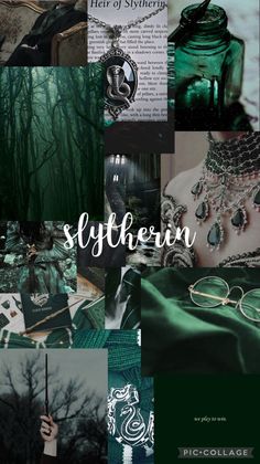 green collage with the words slyferin written in white and surrounded by photos