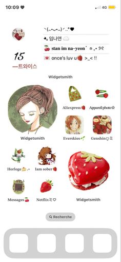 an iphone screen with various stickers and icons on the phone, including strawberrys